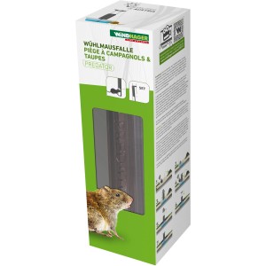 Verpackung der Windhager Wühlmausfalle Predator mit Wühlmaus Abbildung.
