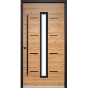 Moderne Splendoor Haustür ThermoSpace Milano Prime in Eiche Natur mit Glaseinsatz und schwarzem Rahmen.