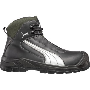 Schwarzer Puma Safety Sicherheitsstiefel Cascades Mid S3, Größe 39, mit gelben Akzenten und Schnürung.