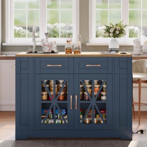 Blaue Kücheninsel mit Holzplatte, Schubladen, Glastüren, USB-Anschluss. Erweiterbarer Buffetschrank für die Küche.