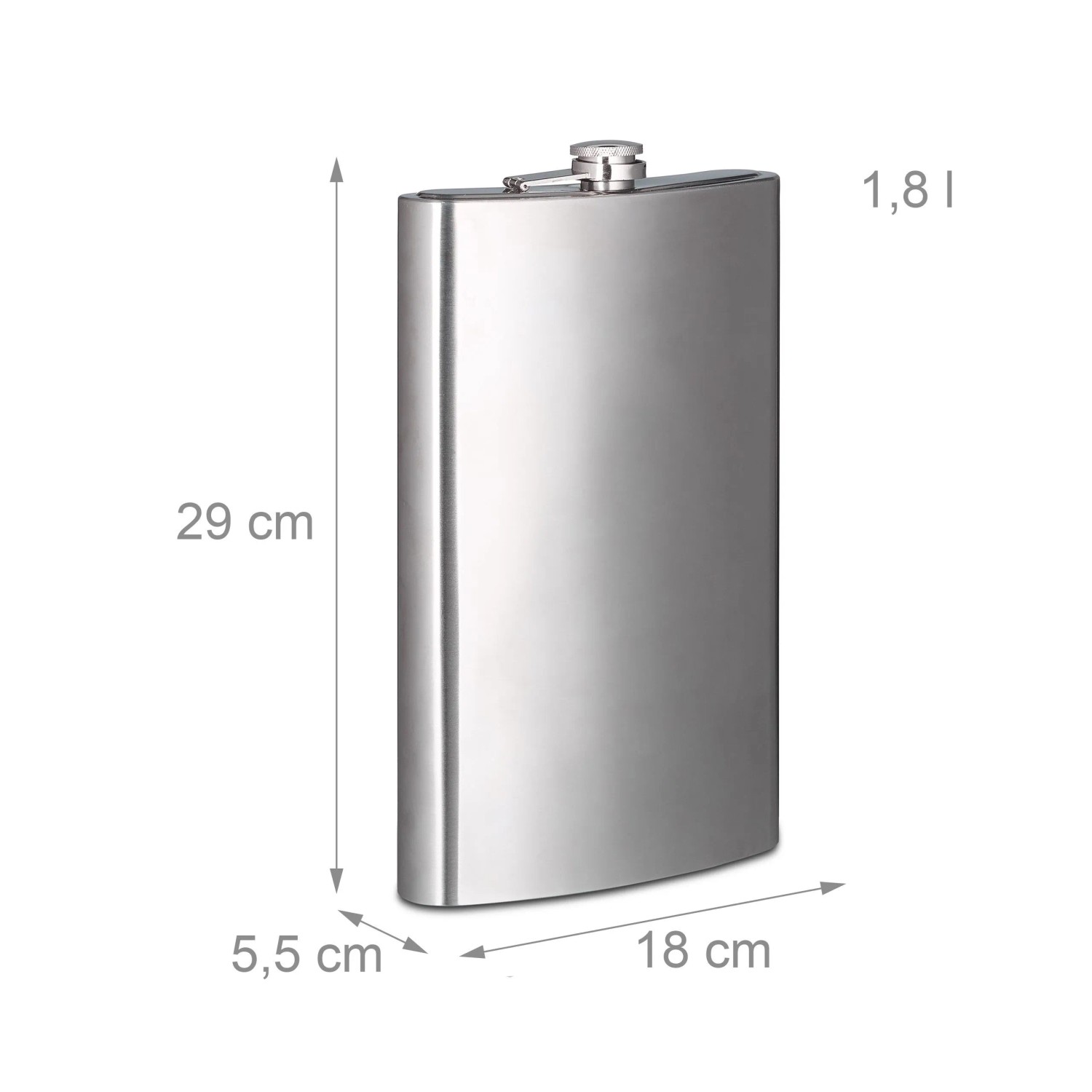 Großer Relaxdays Edelstahl Flachmann, silber, 1,8 Liter Fassungsvermögen, mit Schraubdeckel. Ideal für Outdoor.