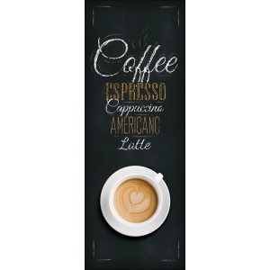 Glasbild Coffee Americano, 30x80 cm, mit Kaffeetasse und Schrift auf Tafel-Optik.