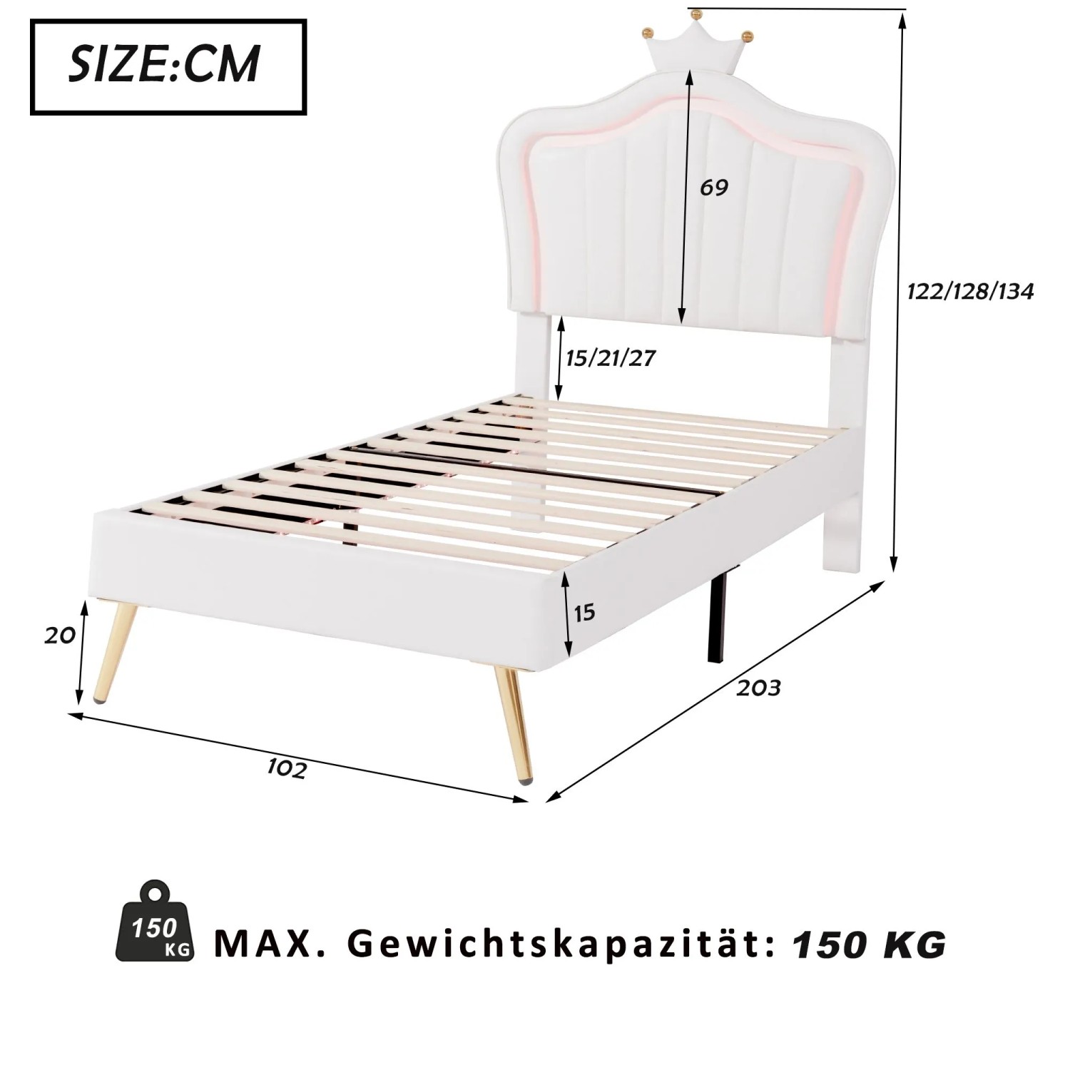 Weißes okwish Polsterbett 90x200 mit LED-Leuchten und Lattenrost, ohne Matratze.