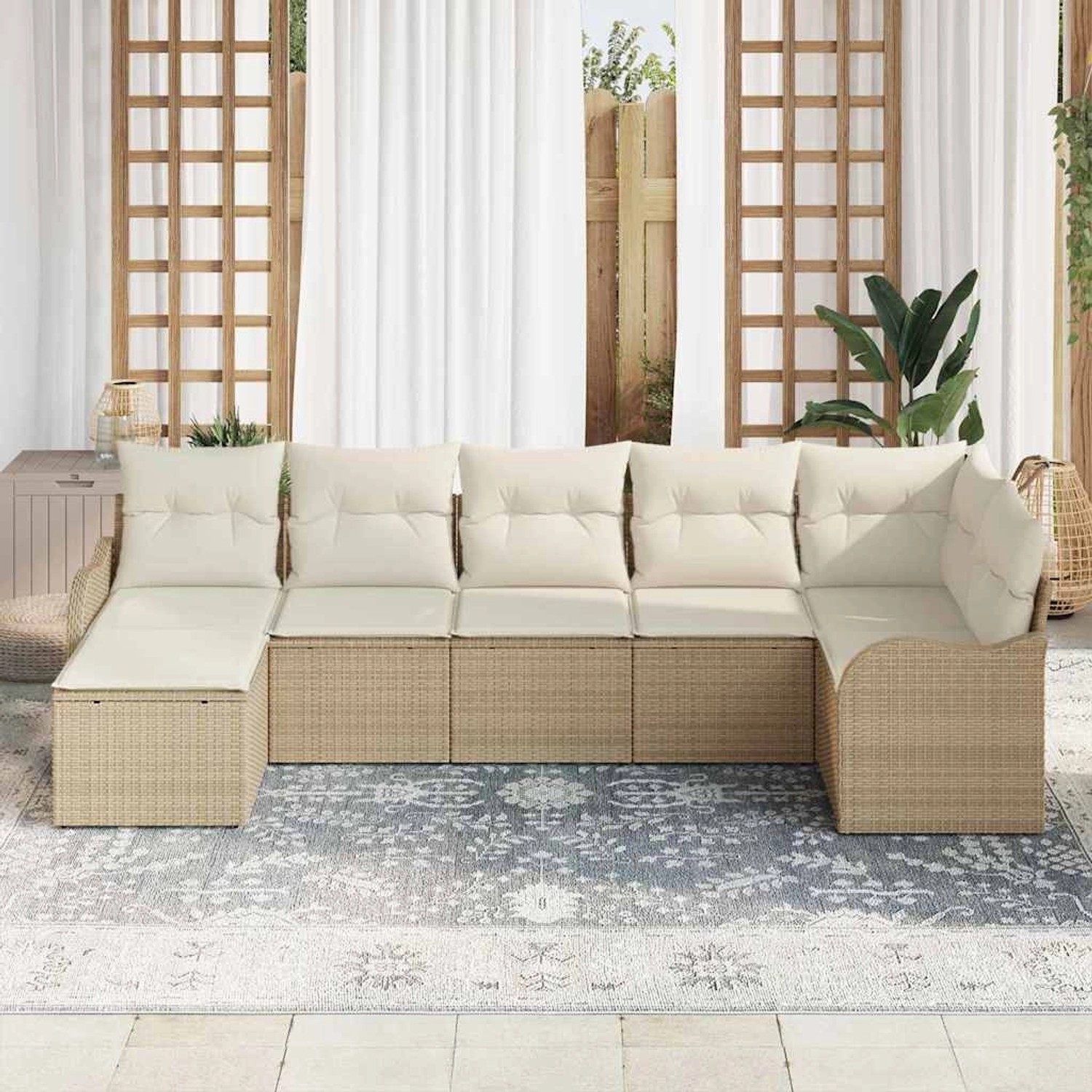 Beige-weißes 7-teiliges vidaXL Garten-Sofa-Set aus Polyrattan mit Kissen.