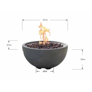 Elementi Gasfeuerstelle Nantucket in Beton-Optik Grau mit Lavasteinen und Flamme, Maße eingezeichnet.