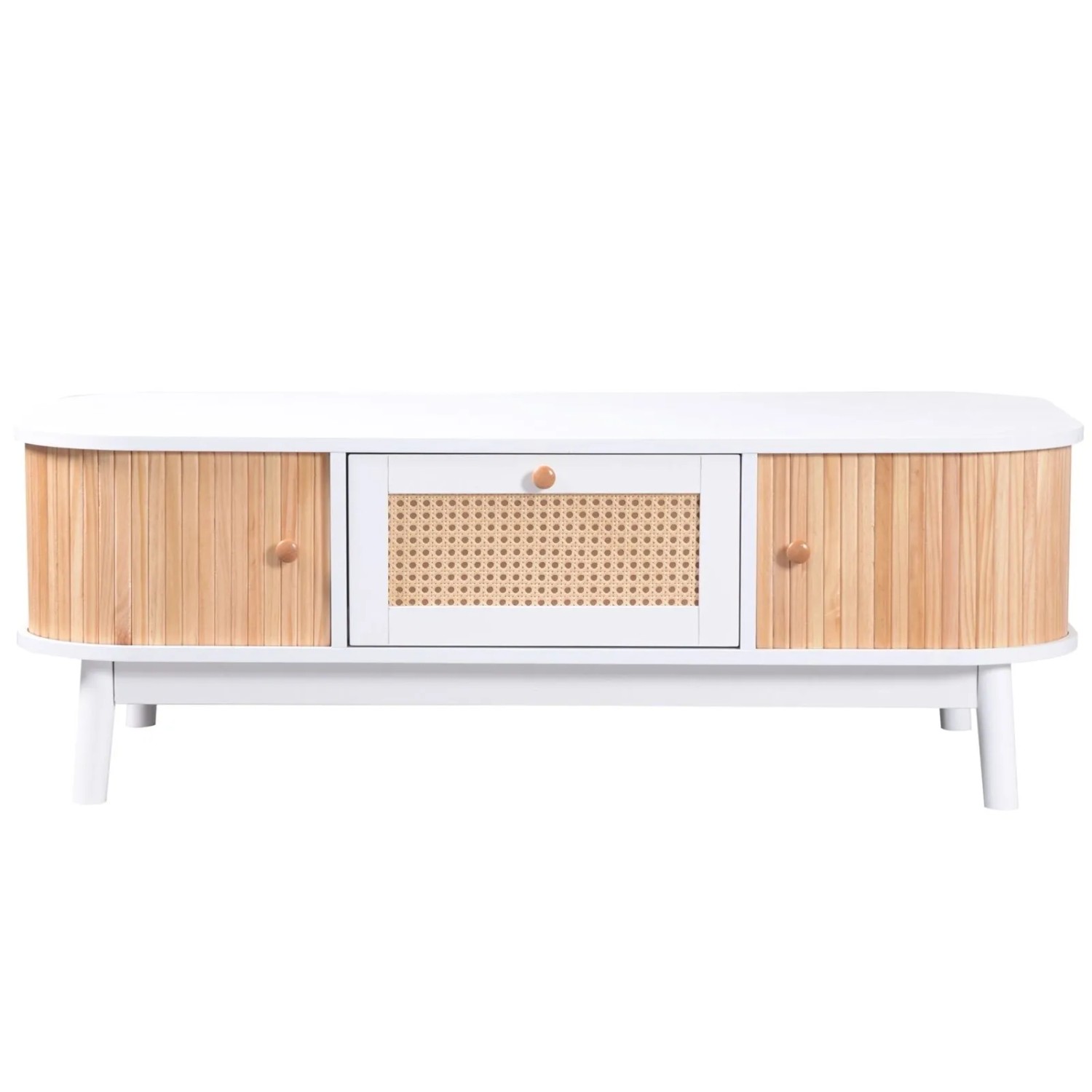 PXloue Couchtisch Wohnzimmertisch 110 x 55 cm Weiß mit Holzoptik Rattan Schubladen