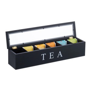 Relaxdays Teebox Bambus Schwarz mit 6 Fächern 9 cm x 43,5 cm x 9 cm 0,7 kg