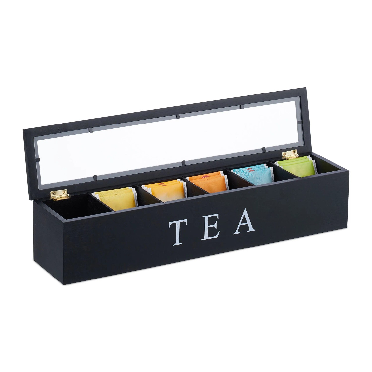 Relaxdays Teebox Bambus Schwarz mit 6 Fächern 9 cm x 43,5 cm x 9 cm 0,7 kg