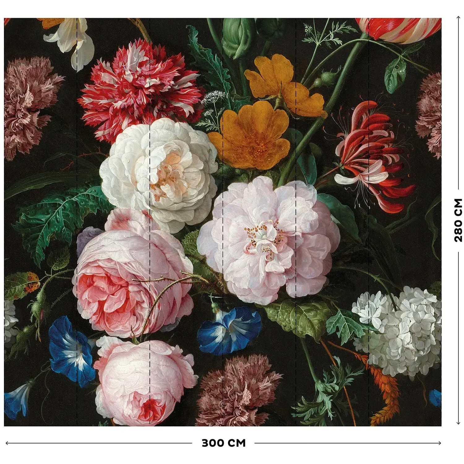 Fototapete Nicky Flowers 280x300cm mit Blumenbouquet auf dunklem Grund für die Wandgestaltung.