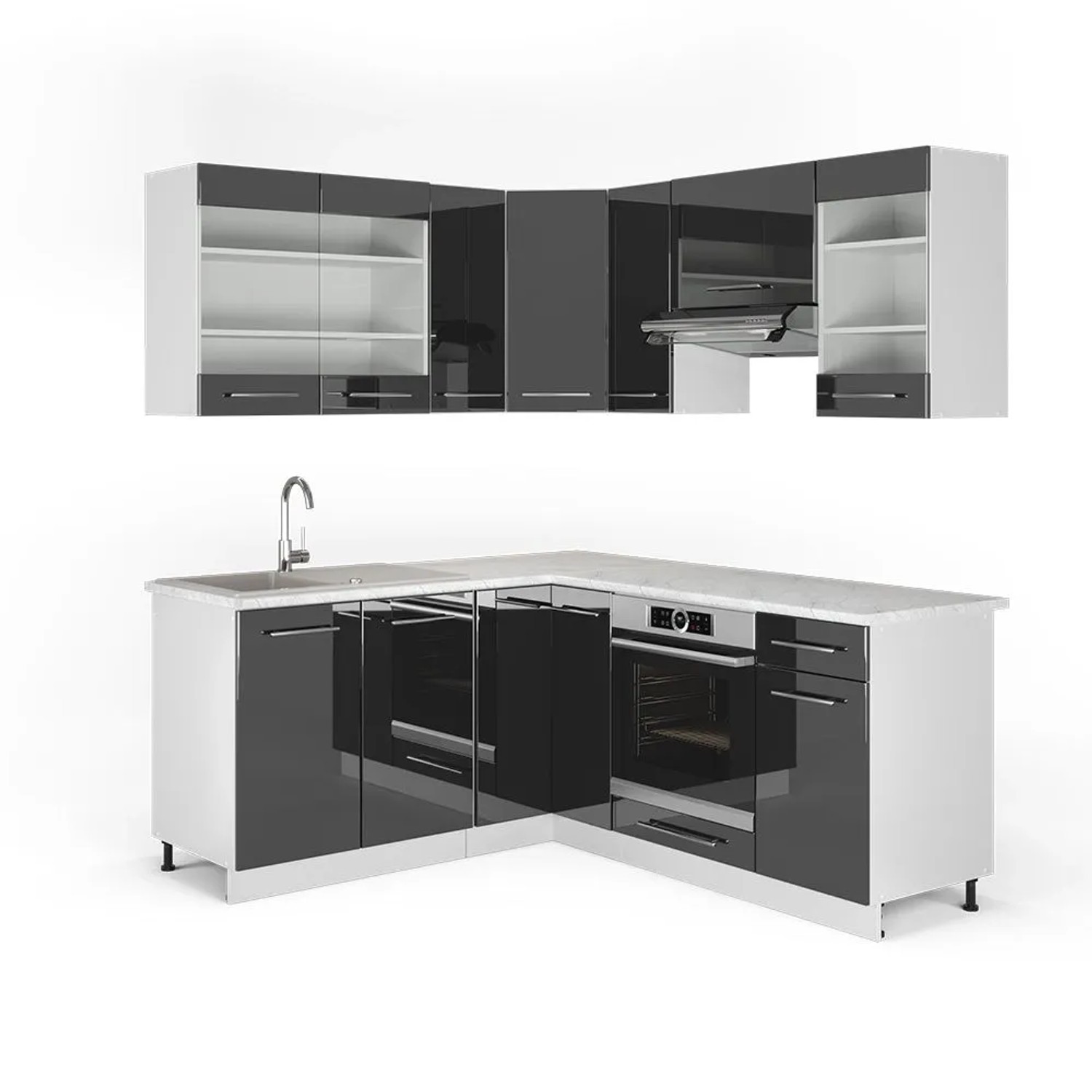Vicco Eckküche Fame-Line Anthrazit Hochglanz/Weiß 190 x 82, AP Marmor