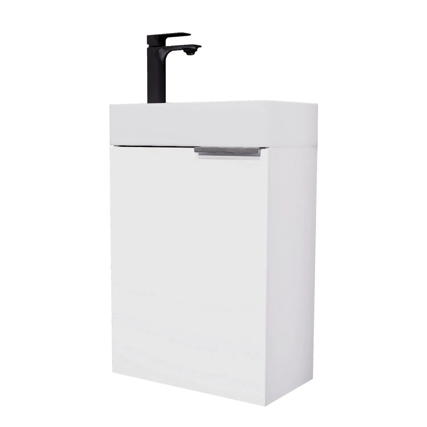 Planetmöbel Waschbeckenunterschrank 40 cm Weiß mit Keramikwaschbecken Armatur Schwarz Soft Close
