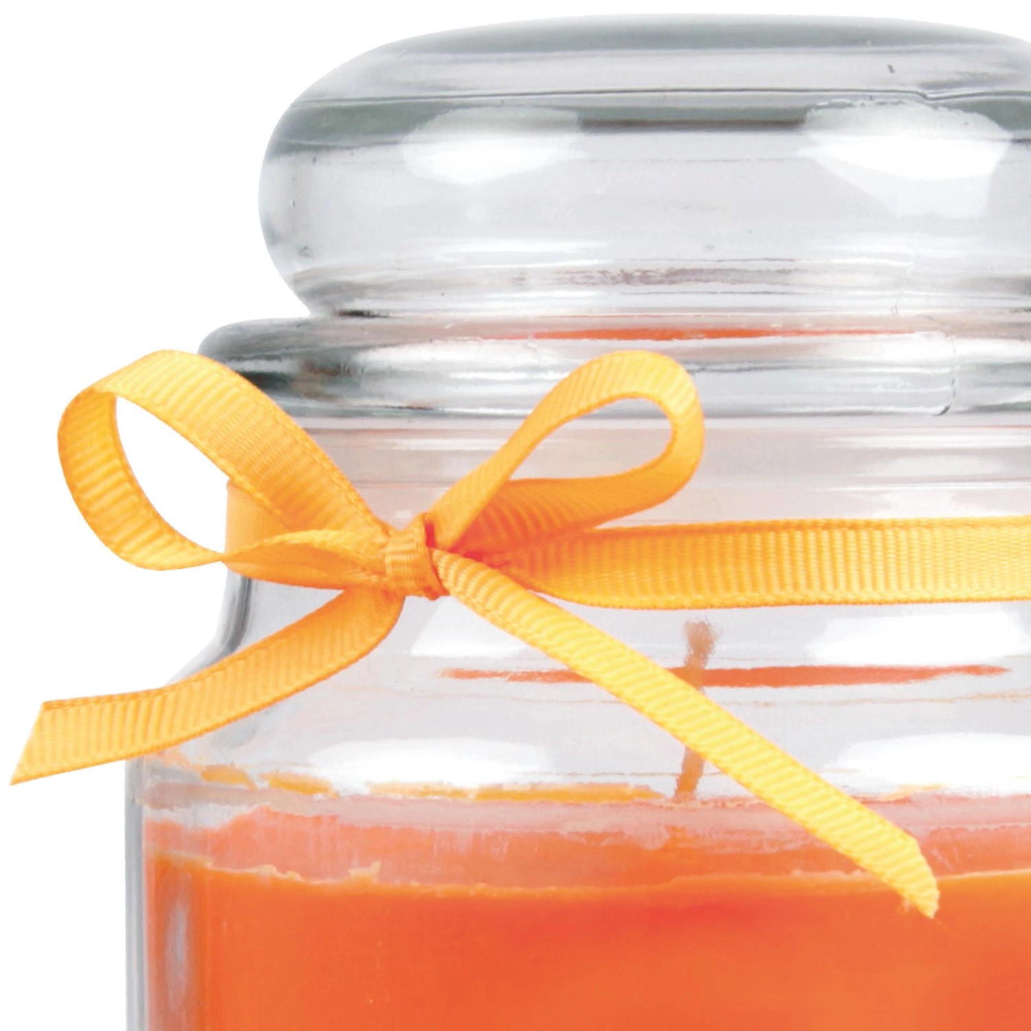 Orangefarbene Duftkerze im Glas mit Schleife, Ostermotiv Hase & Korb, 70h Brenndauer.