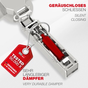 SOTECH Topfband T45 mit rotem Dämpfer für geräuschloses Schließen. Langlebiges Möbelscharnier.