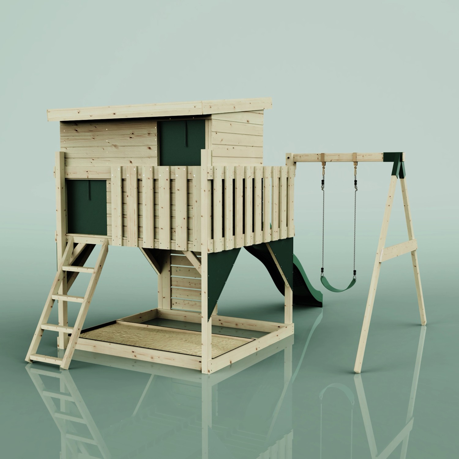 PolarPlay Spielturm Tjorven mit Schaukel und Rutsche, Holz natur/dunkelgrün.