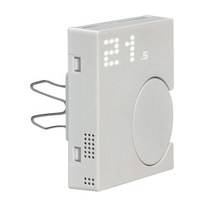 Merten System M Raumtemperaturregler Modul in Weiß mit digitaler Anzeige und Bedienelement.