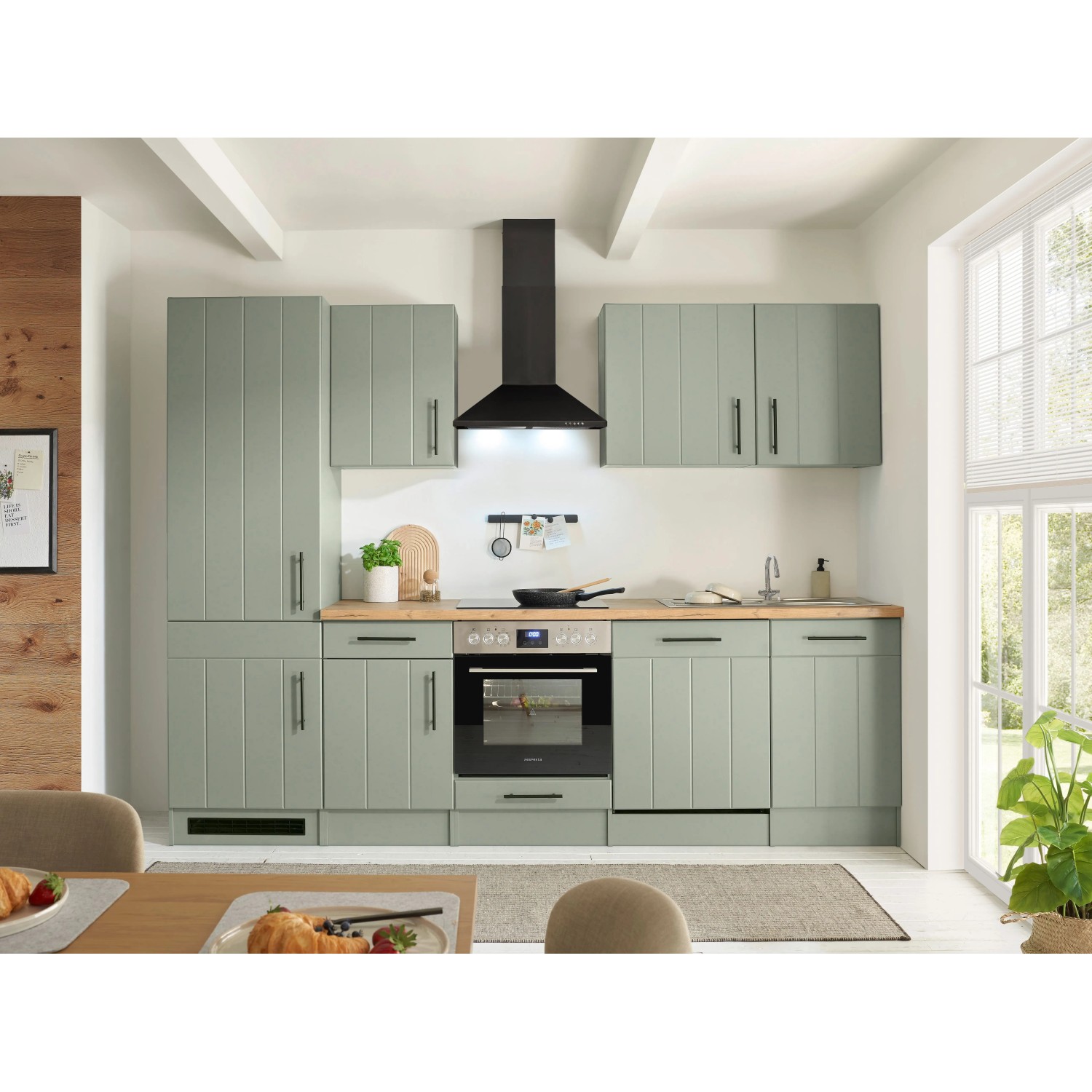 Respekta Küchenzeile Anton Landhaus Schilfgrün 280 cm mit Einbau Herd-Set