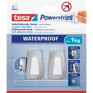 Tesa Powerstrips Klebehaken, Edelstahl/Kunststoff, 2 Stück, für Bad und Küche, bis 1 kg Tragkraft.