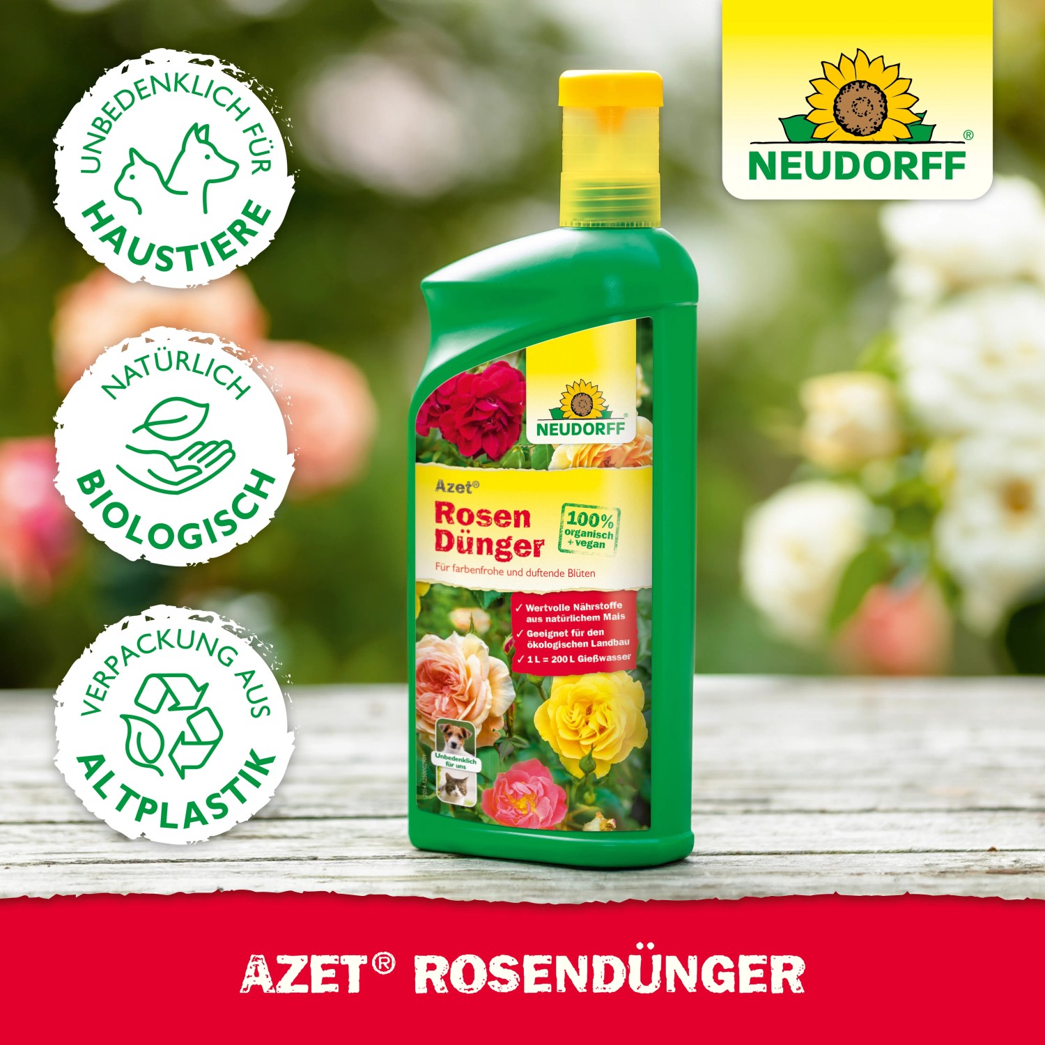 Grüne Flasche Neudorff Rosen-Dünger Azet Plus 1 l für farbenfrohe Rosen.