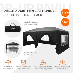 Schwarzer Pop Up Pavillon 3x6m mit Seitenwänden und Fenstern, ideal als Faltpavillon für Garten & Events, inkl. Tragetasche.