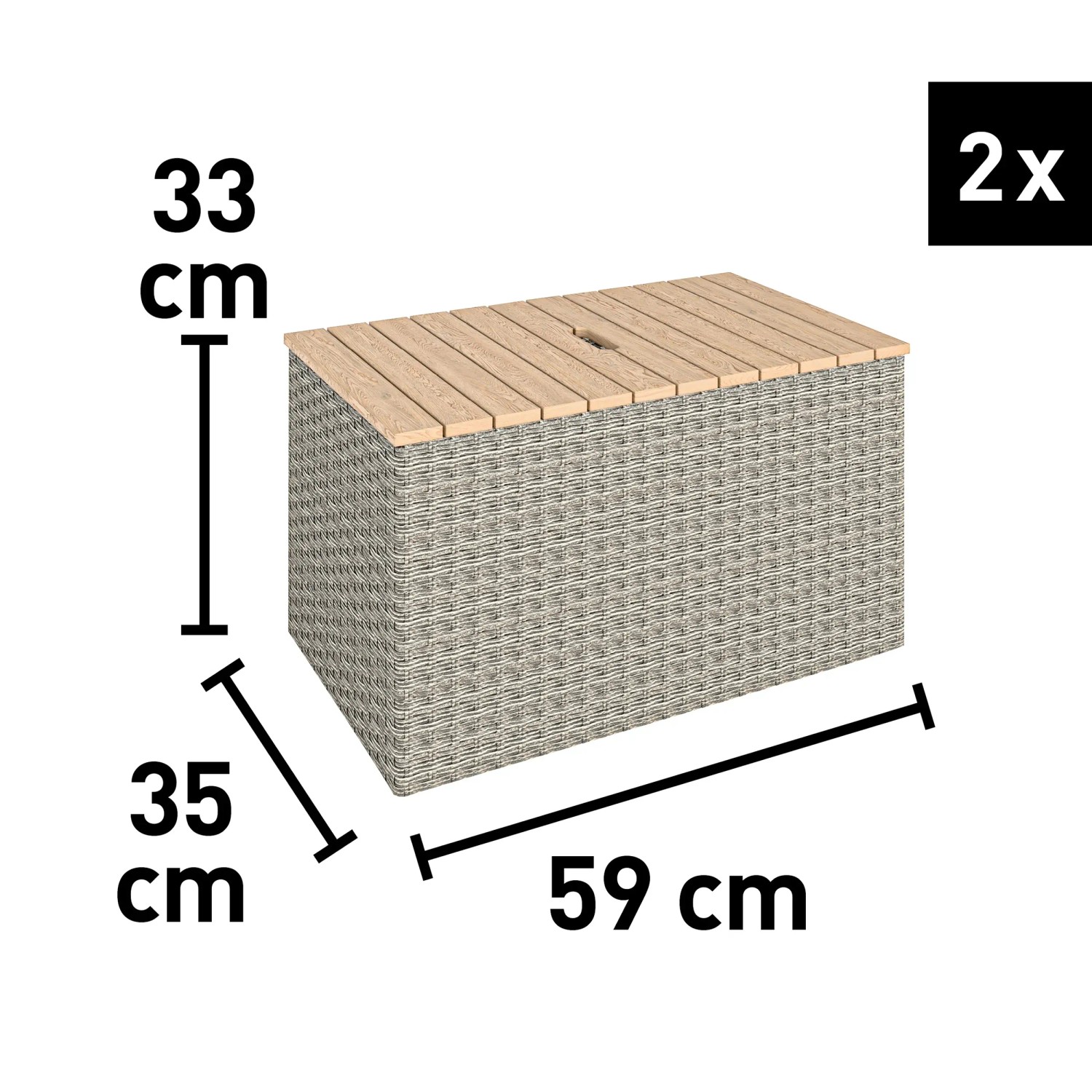 Bostonia Lounge-Set: Tisch/Bank mit Stauraum aus Polyrattan in Hellbraun, Maße sind eingezeichnet.