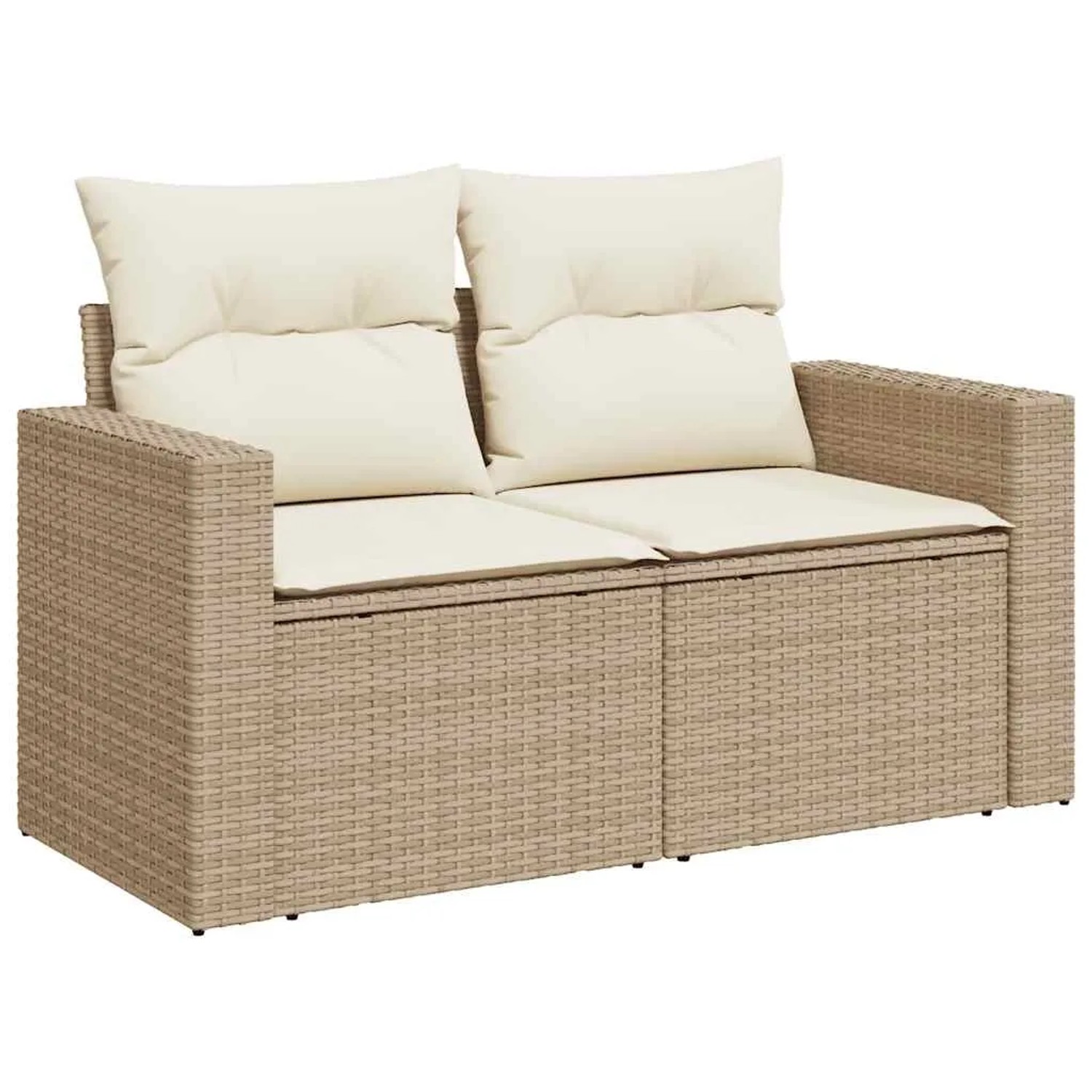Beige 5-tlg. Garten-Sofagarnitur aus Rattan mit cremeweißen Kissen.