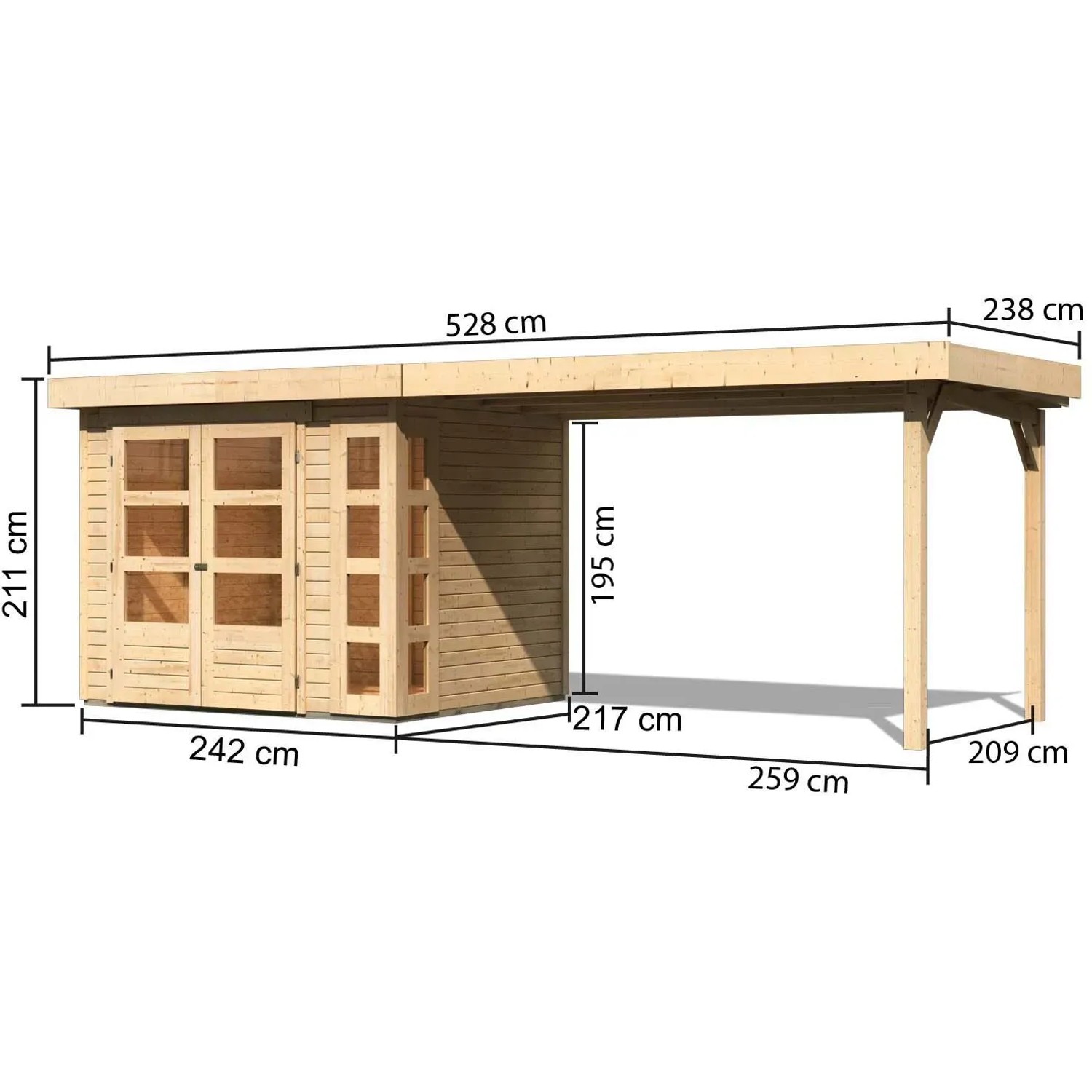 Karibu Holz-Gartenhaus Sölve Natur, unbehandelt, mit Flachdach und Maßangaben.