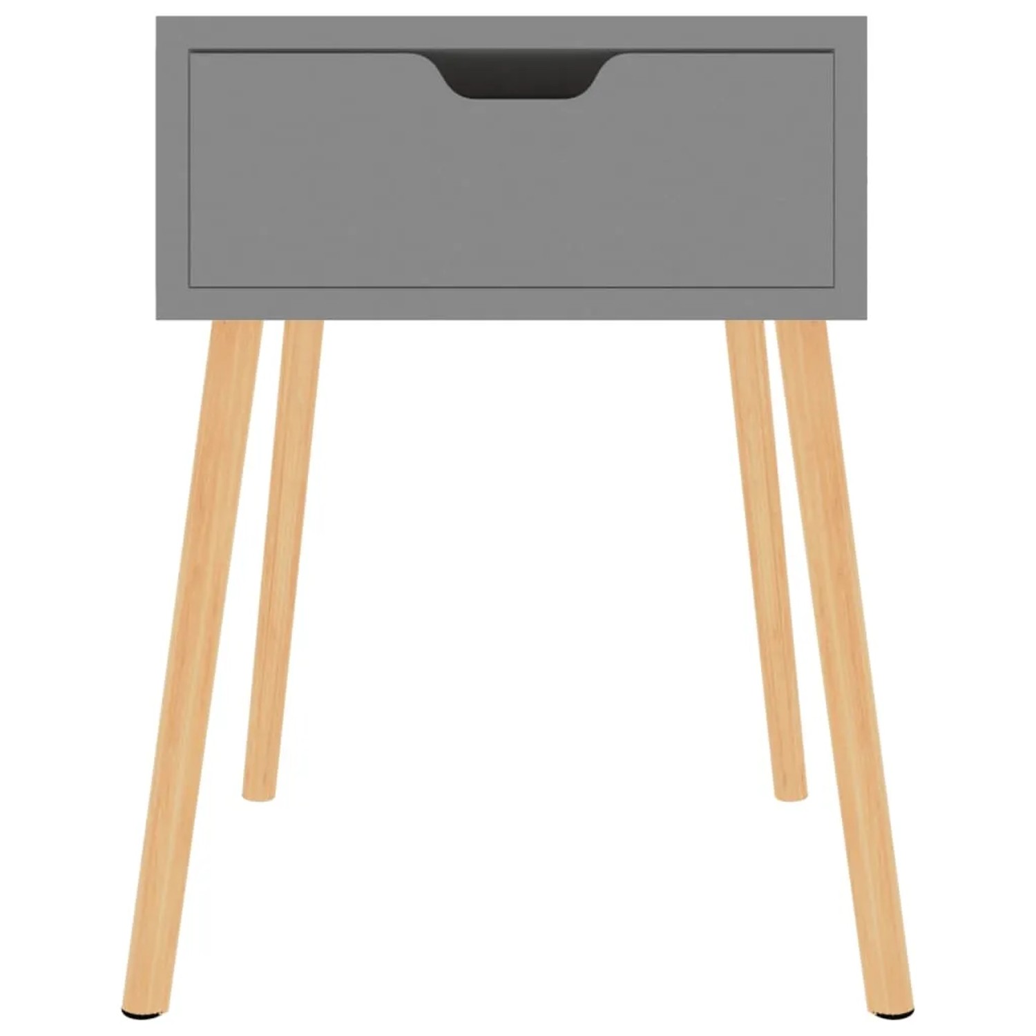 Set aus zwei grauen Nachttischen (40x40x56 cm) aus Holzwerkstoff mit Schublade und hellen Holzfüßen.