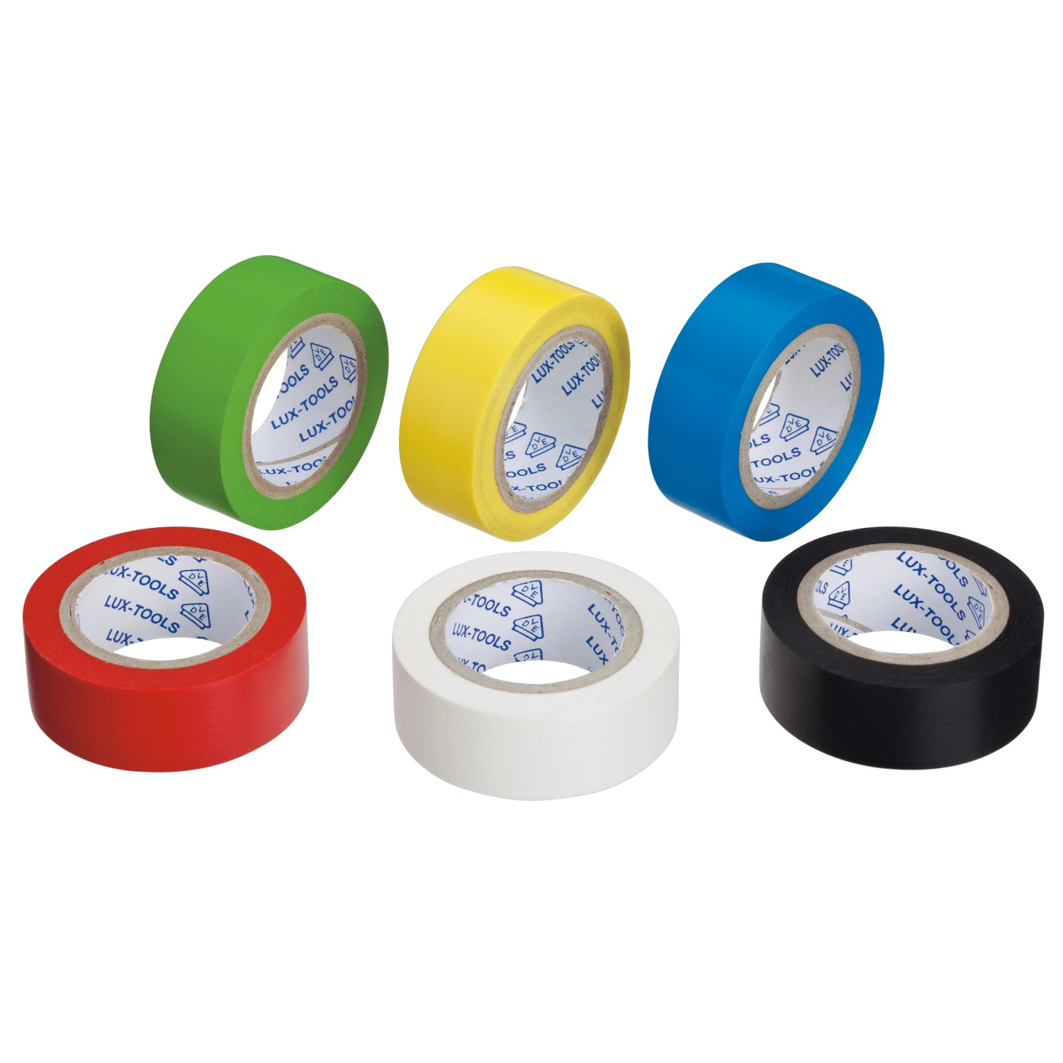 Isolierband-Set mit 6 farbigen Rollen (Gelb, Rot, Blau, Grün, Schwarz, Weiß), je 4,5 m x 15 mm.