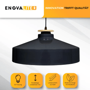 Moderne, schwarze ENOVALITE Pendelleuchte aus Stahl mit E27 Fassung. Hängelampe für Lampen & Leuchten.