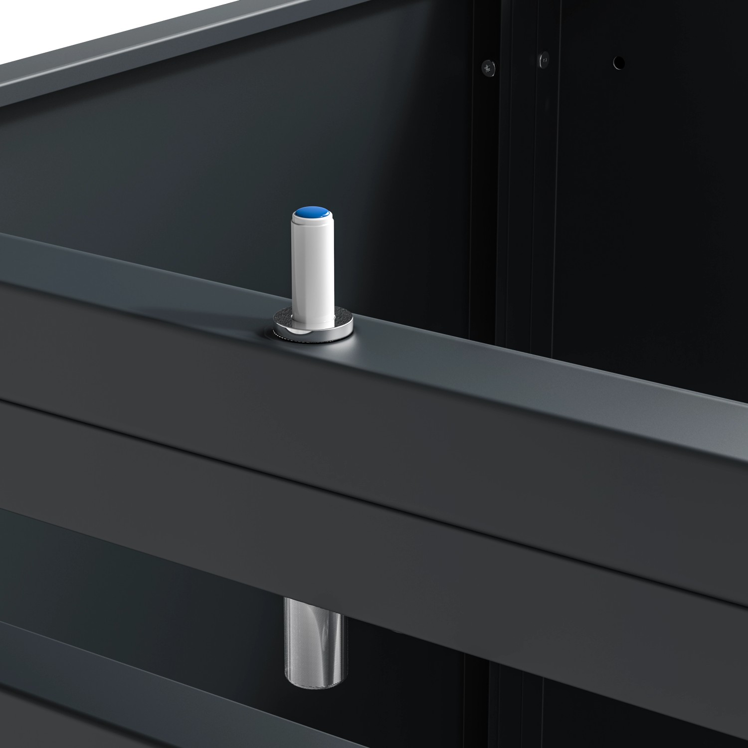 Detailaufnahme der Westmann Mülltonnenbox Lacina: Stahlrahmen mit Stift.