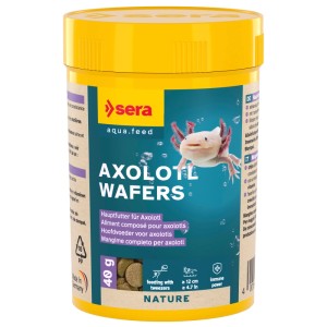 Sera Axolotl Wafers Hauptfutter in gelb-blauer Dose mit Axolotl-Bild. Für Axolotl ab 12 cm, 40g.