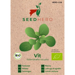 Seedhero BIO Feldsalat Vit Samenpackung mit Feldsalat-Illustration.