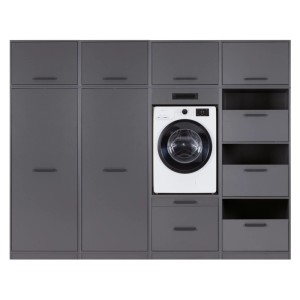 Anthrazitfarbenes Inter Link Hauswirtschaftsraum-Möbel-Set Studio Flow mit integrierter Waschmaschine, Schränken und Schubladen.