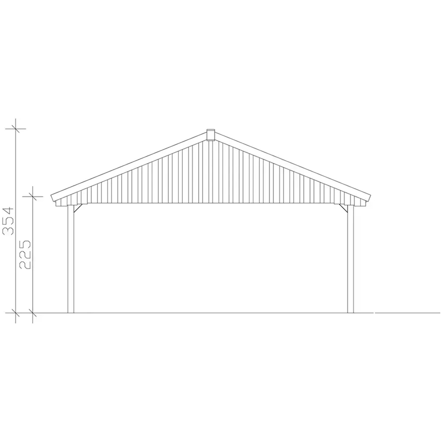 Technische Zeichnung: Satteldach-Carport Wallgau, 620x500 cm, Nussbaum, rote Schindeln, Seitenansicht mit Höhenangaben.