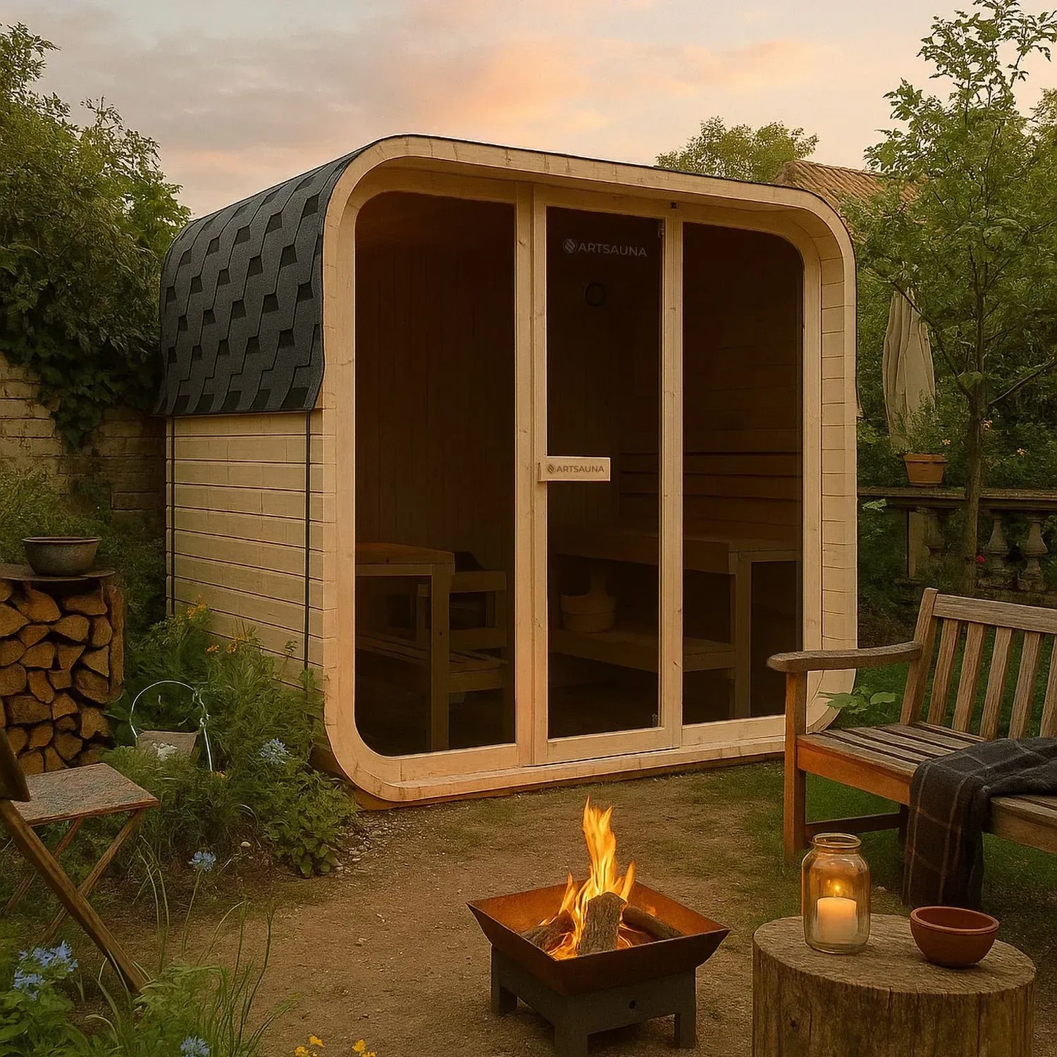Artsauna Cube Fasssauna Fjora im Garten mit Feuerstelle und Sitzbank.