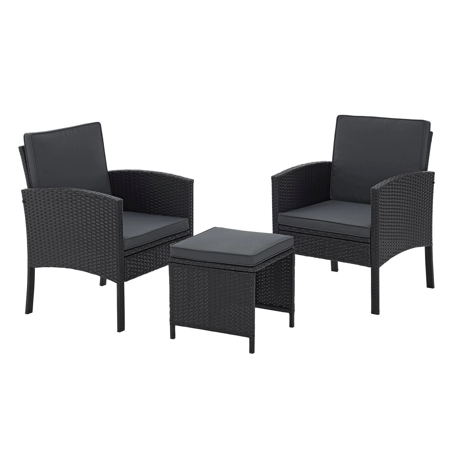 Schwarze Juskys Polyrattan Gartenmöbel Sitzgruppe Turin mit 2 Stühlen und Hocker.