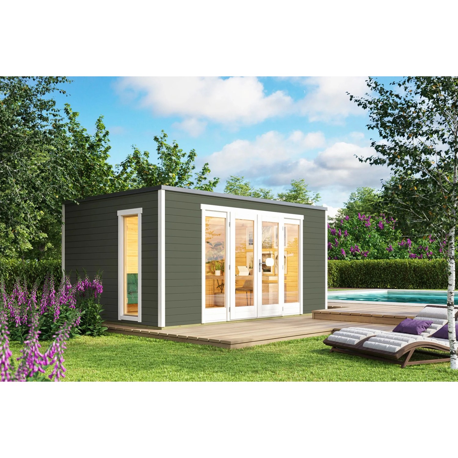 Lasita Holz-Gartenhaus Palermo 2 Flachdach Grau-Grün Lasiert 444.4 cm x 300 cm