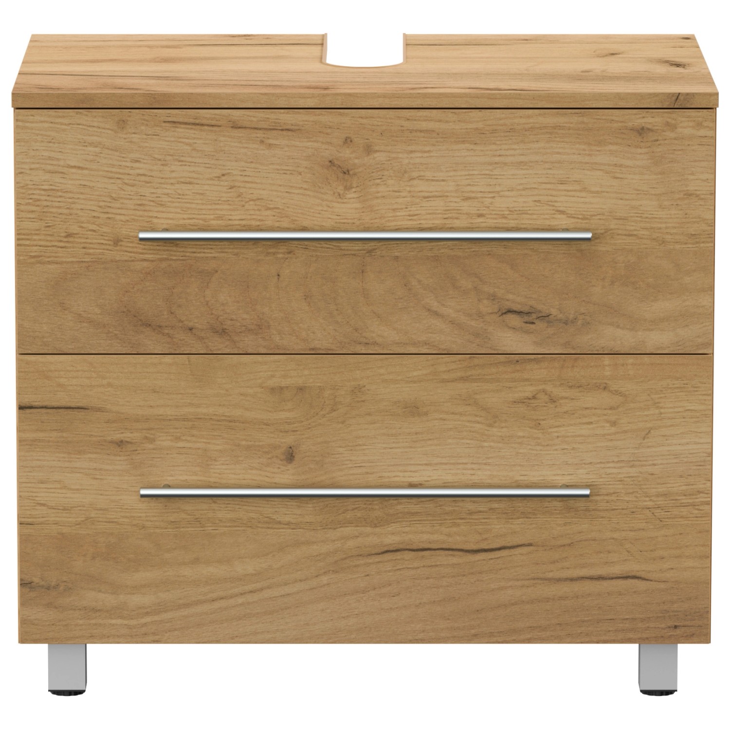 Posseik Waschbeckenunterschrank Mondial Universal 70 cm Eiche Gold mit zwei Schubladen und Standfüßen.