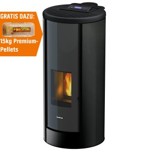 Schwarzer Freepoint Pelletofen Breeze 9,1 kW mit Automatik und gratis 15kg Pellets.