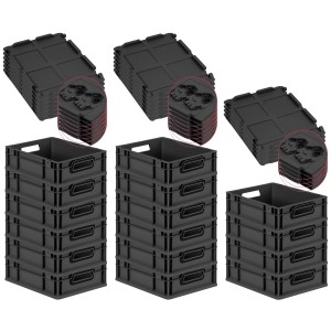 PROREGAL SuperSparSet: 16 schwarze Euroboxen mit Scharnierdeckel, 11 Liter, für Lagerung und Transport.