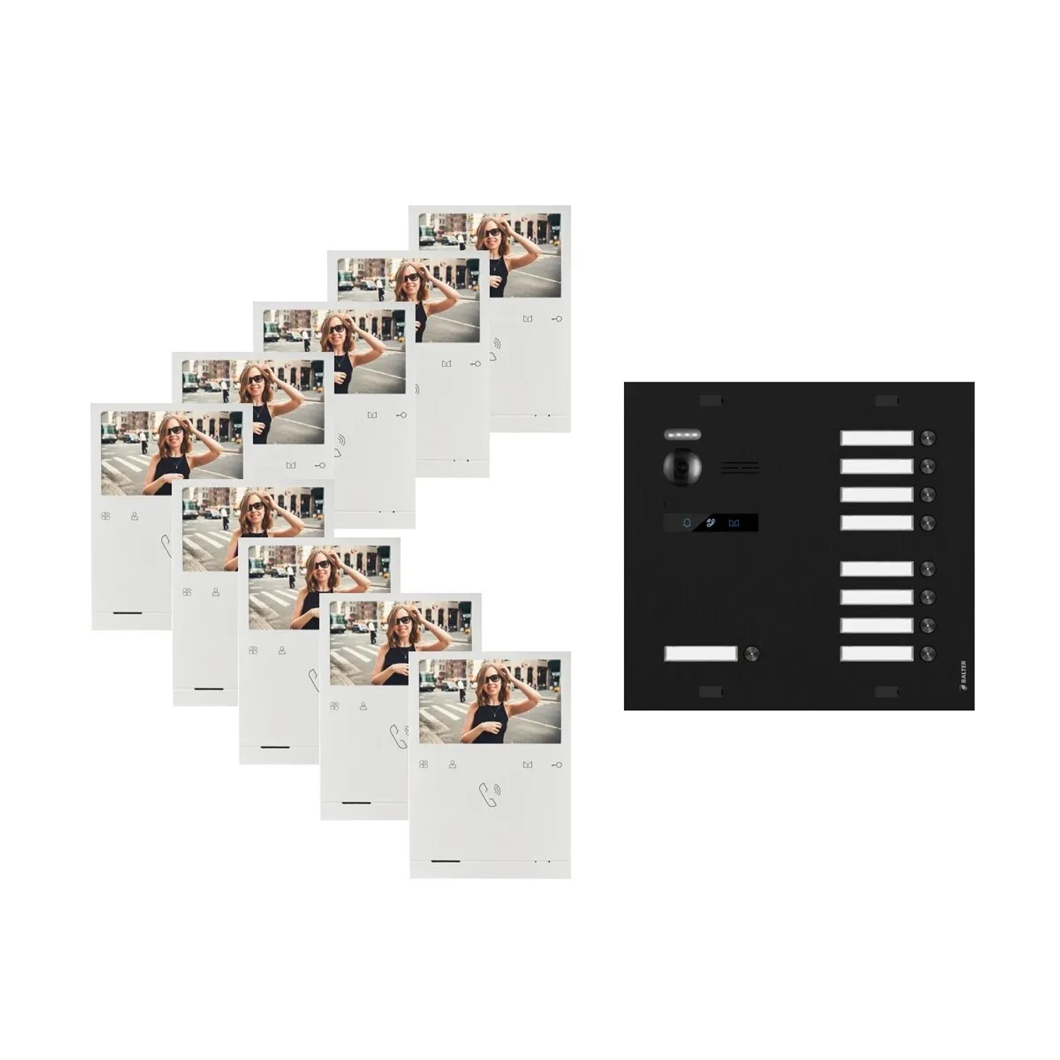 Balter Evo Quick Video Türsprechanlage für 9 Familienhaus mit 9x 4,3 Zoll Monitor 2-Draht Bus Schwarz