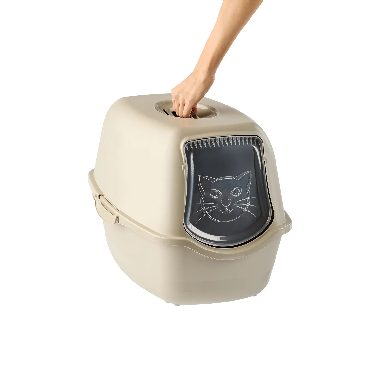 Cappuccino-farbene Rotho Katzentoilette Eco Bailey mit Haube und Schwingtür wird getragen.