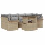 Beiges 7-teiliges vidaXL Garten-Sofa-Set aus Poly Rattan mit Tisch und grauen Kissen.