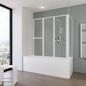 Schulte Badewannenaufsatz 3-teilig mit Seitenwand, weiß, 140x128,8x75 cm, auf Badewanne montiert.