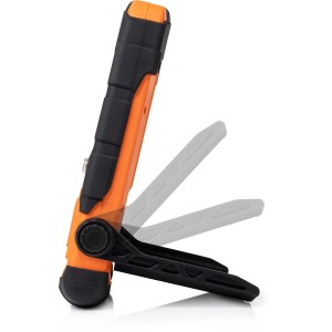 Faltbare LED-Arbeitsleuchte mit Bluetooth Lautsprecher, orange/schwarz, mit verstellbarem Standfuß.
