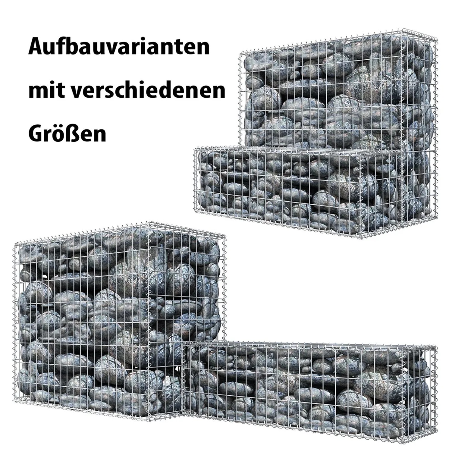 Niederberg Metall Gabione in verschiedenen Aufbauvarianten und Größen, gefüllt mit Steinen.