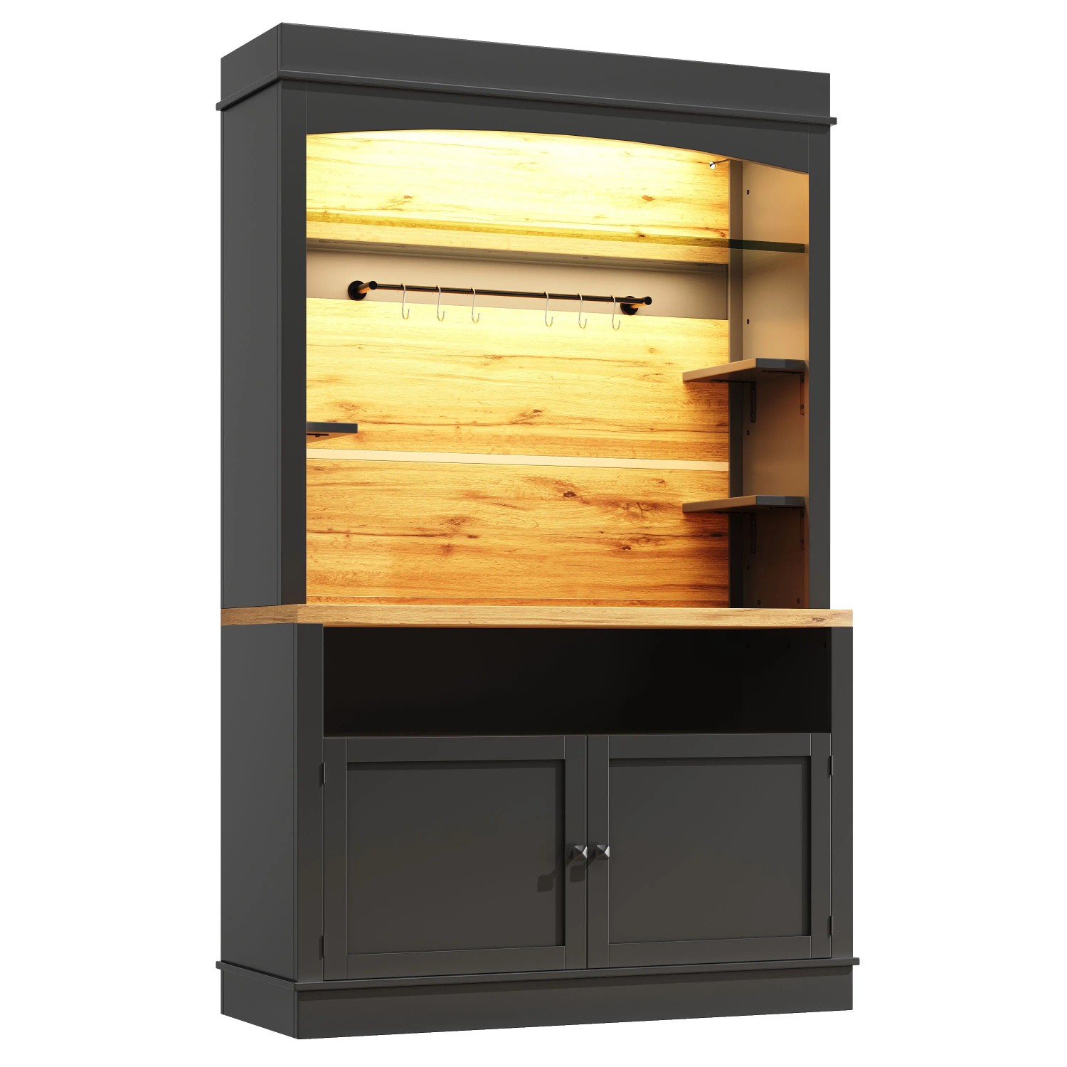 Merax Küchenschrank 107x43x184 cm Schwarz Vitrine LED Offenes Regal