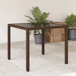 Brauner vidaXL Gartentisch mit Glasplatte, 90x90 cm, aus Poly Rattan.