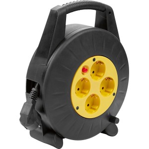 Schwarz-gelbe Kabeltrommel mit 10 m Kabel, vier Steckdosen und Überhitzungsschutz.