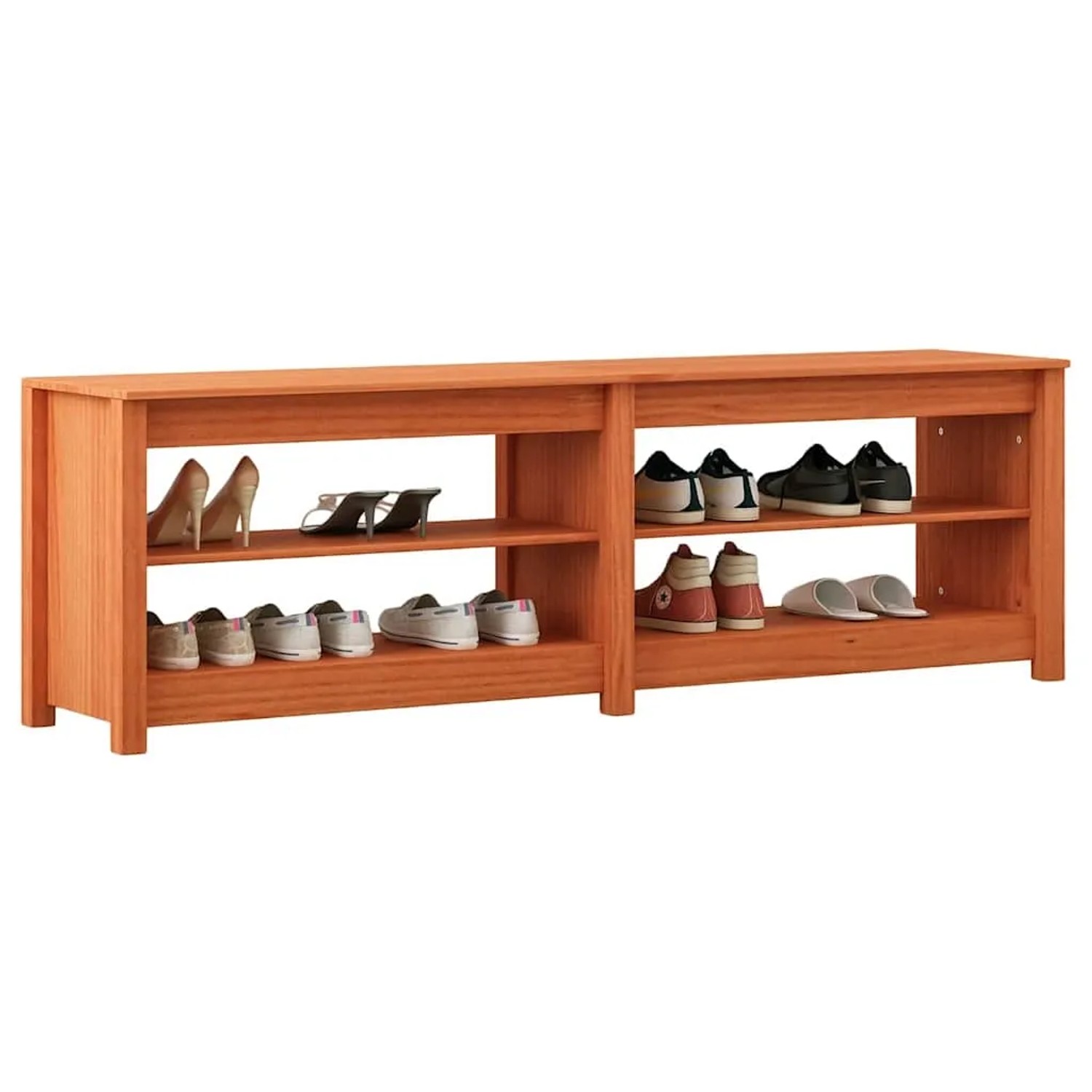 Lange wachsbraune Schuhbank aus Massivholz Kiefer mit vier Regalen für Schuhe und Sitzfläche.